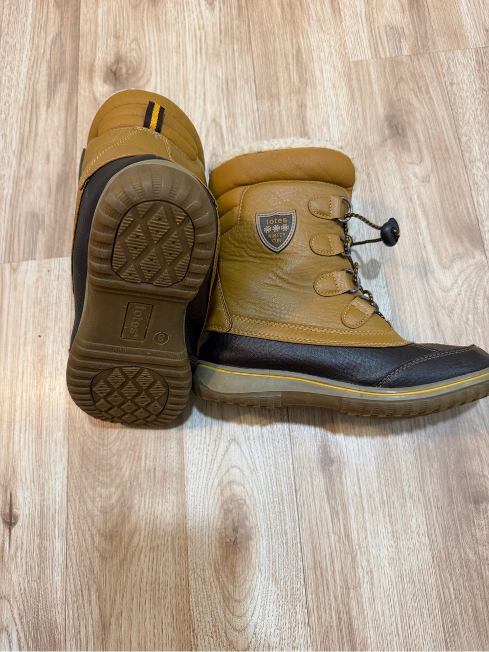 TOTES WINTER FUN BOYS SIZE 3 MEDIUM WHEAT BROWN FAUX-FUR SNOW BOOTS